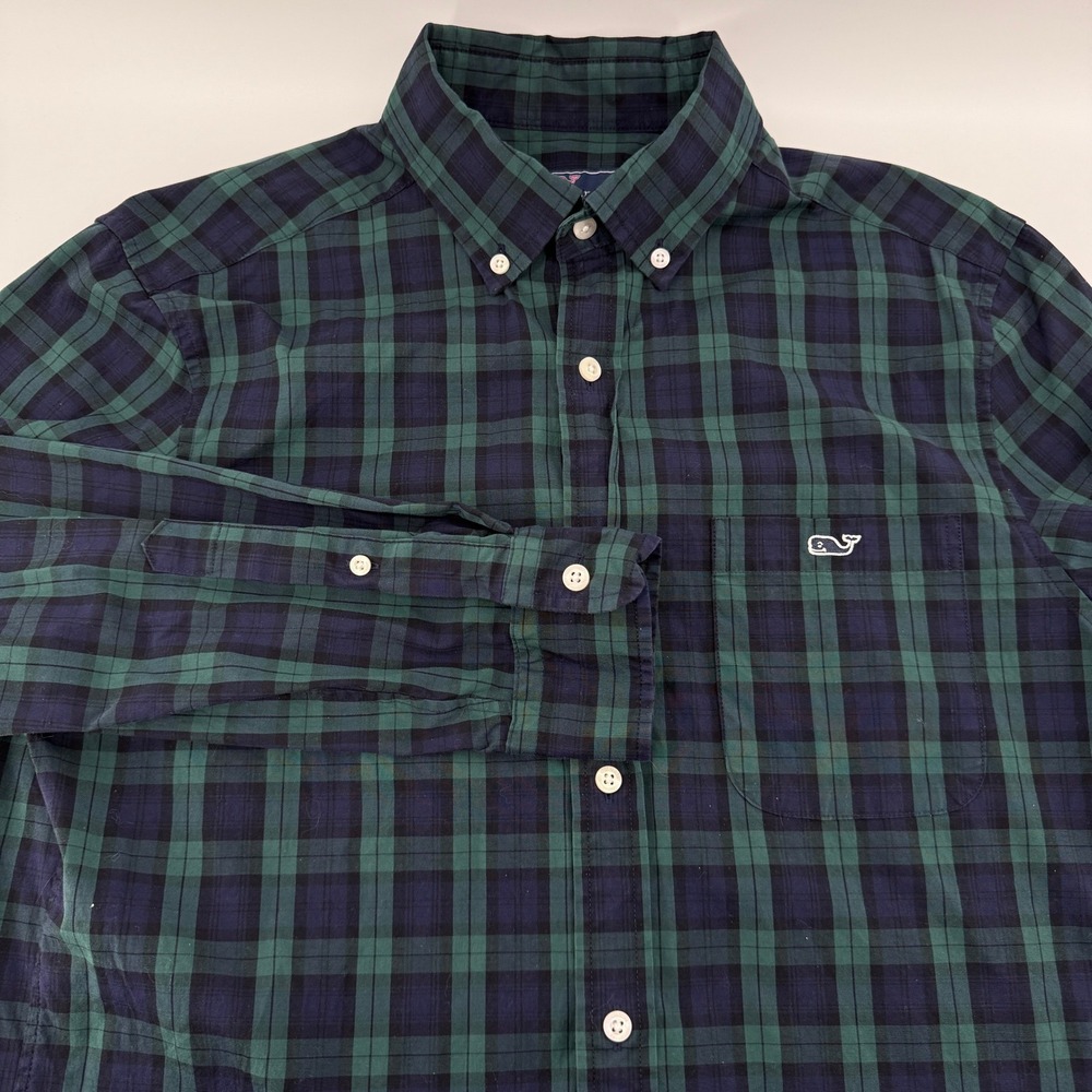 Vineyard Vines Button Down Shirt Classic Fit Men S Plaid Navy Green Cotton Blend